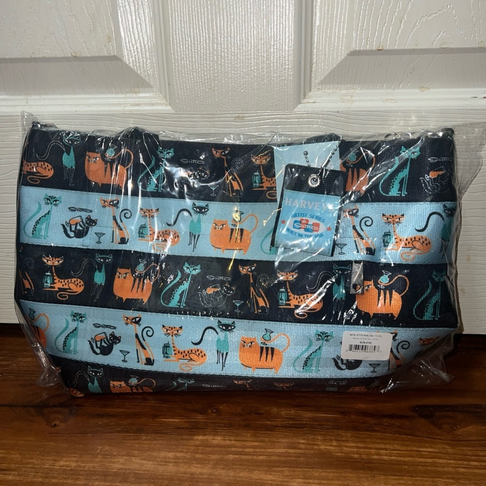 Harveys Seatbelt Tote with Teal, Orange, Black Retro Cat Stripe